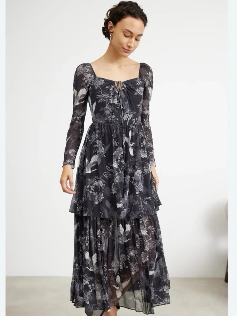 NEW All Saints Women’s Devyn Peggy Floral Print Long Sleeve Maxi Dress Black 0 - Picture 2 of 11